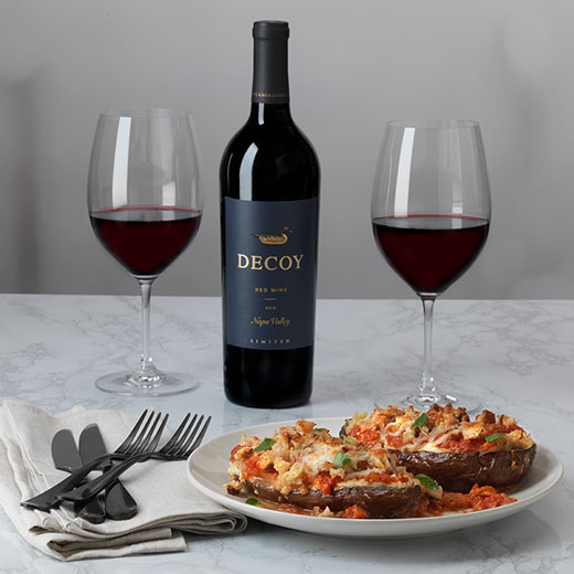 Deconstructed Eggplant Parmesan with Decoy limited bottle