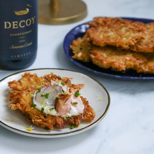Latkes topped with Smoked Salmon and Crème Fraiche