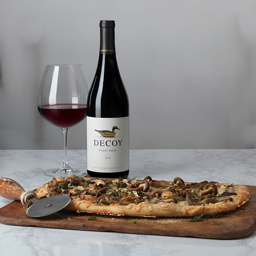 Mushroom Flatbread with Decoy bottle