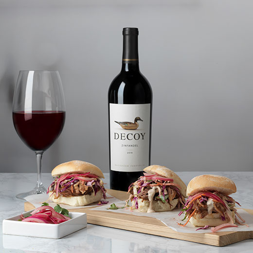 Pulled Pork Sliders with Decoy wine bottle 