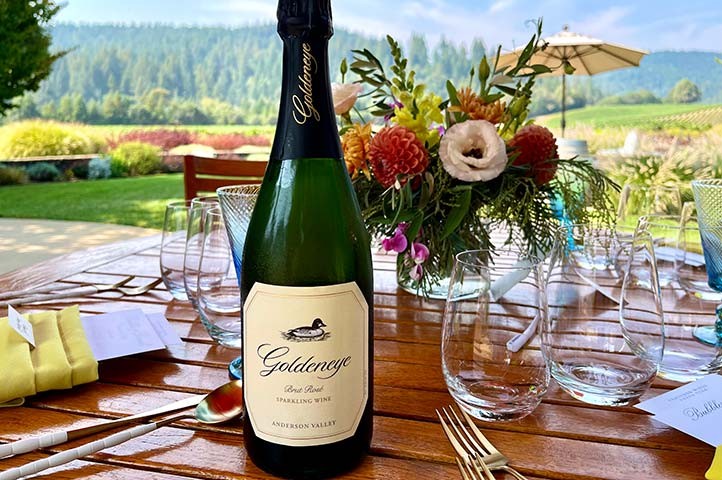 Goldeneye sparkling wine on table