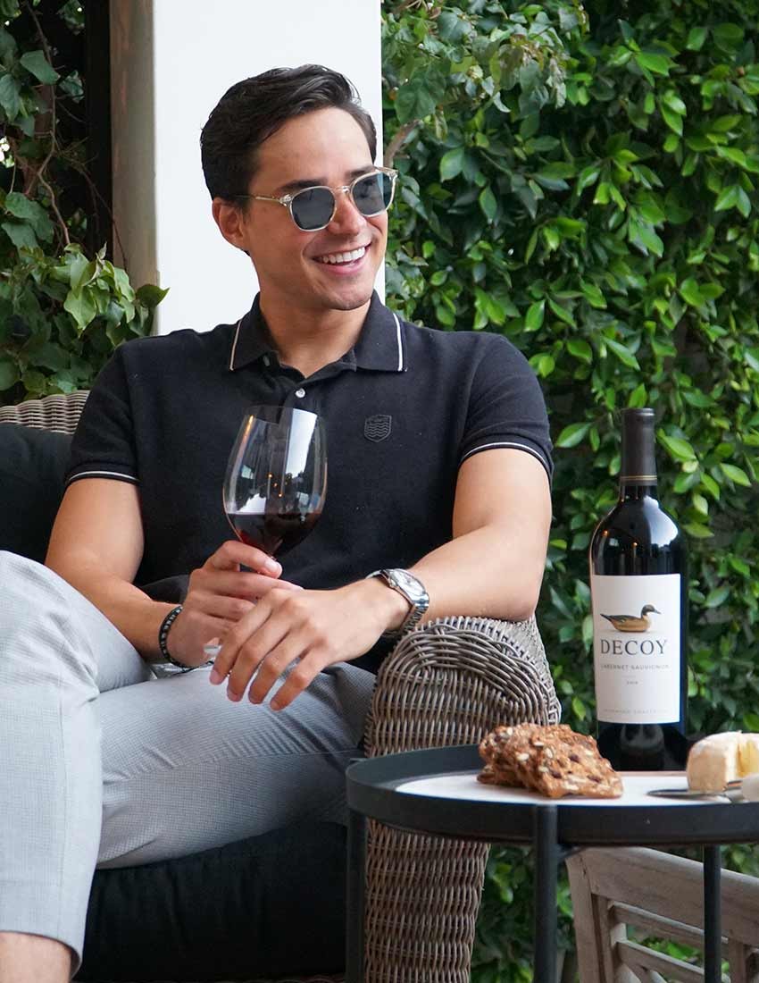 Man with Decoy Cabernet and cheese pairing