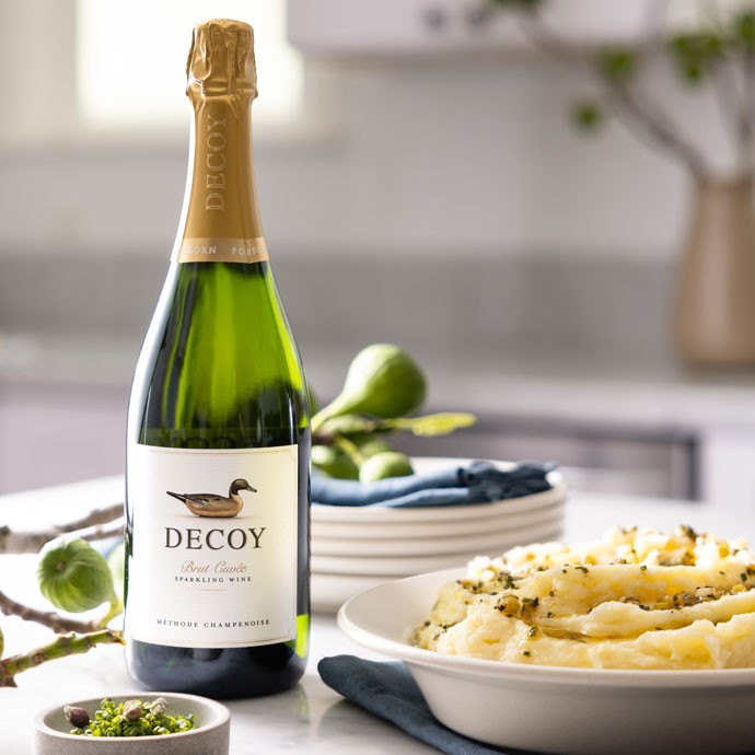 Decoy Sparkling on a counter with mash potatoes