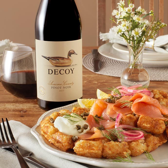 Decoy Pinot Noir with tater tot waffles