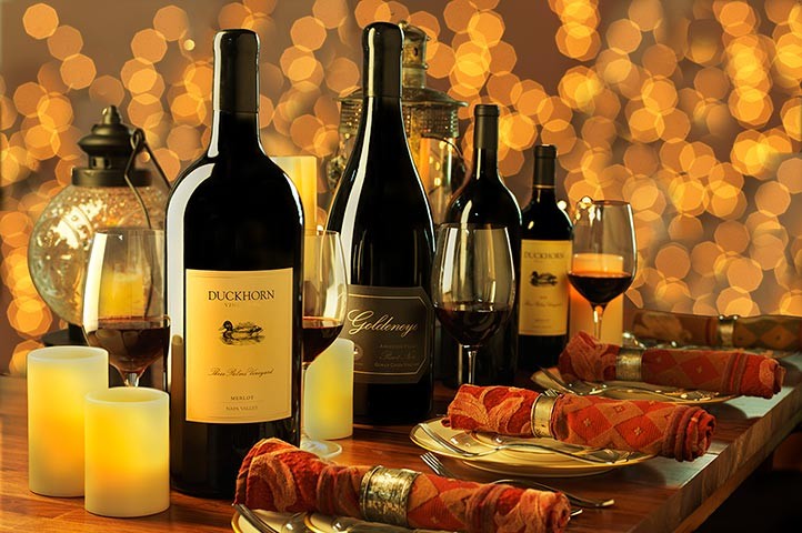 Bottles of Duckhorn rare wine on table for Midsummer Magnum Dinner event