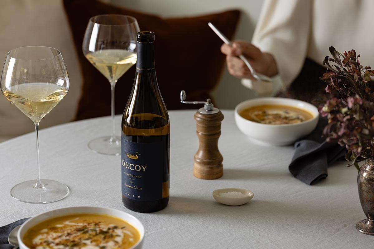 Decoy Limited Chardonnay with soup on a table